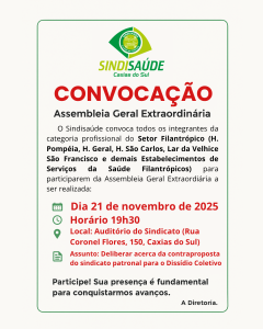 Atenção Setor Filantrópico: Tem Assembleia Geral Extraordinária dia 21 de novembro